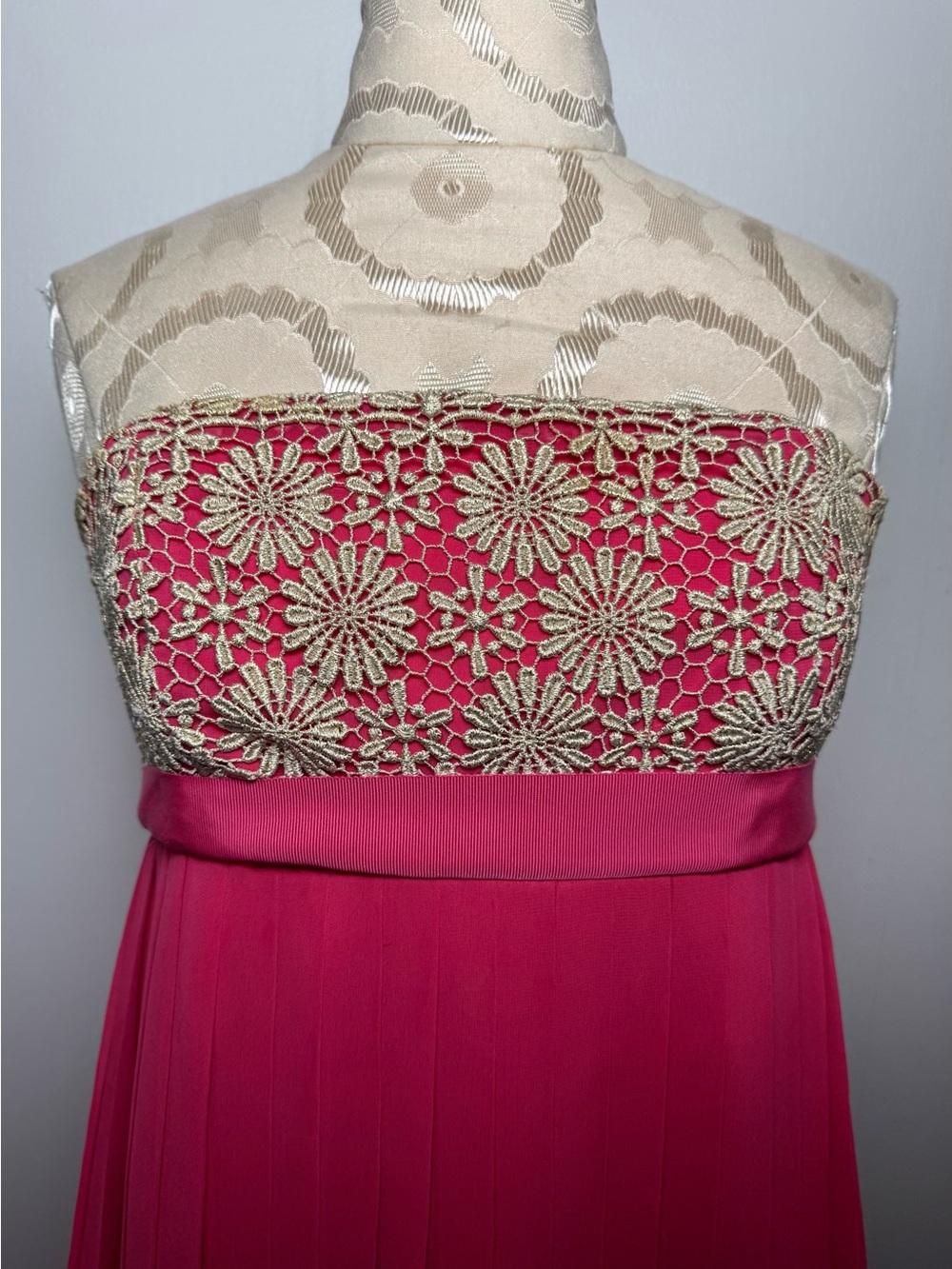 Lilly Pulitzer Pink Pleated Strapless Gold Lace Formal Gown Sz S - Picture 5 of 16